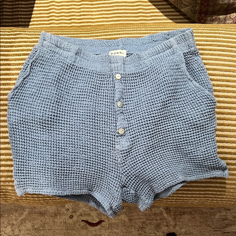 DONNI. High Waist Waffle Knit Shorts in Light Blue